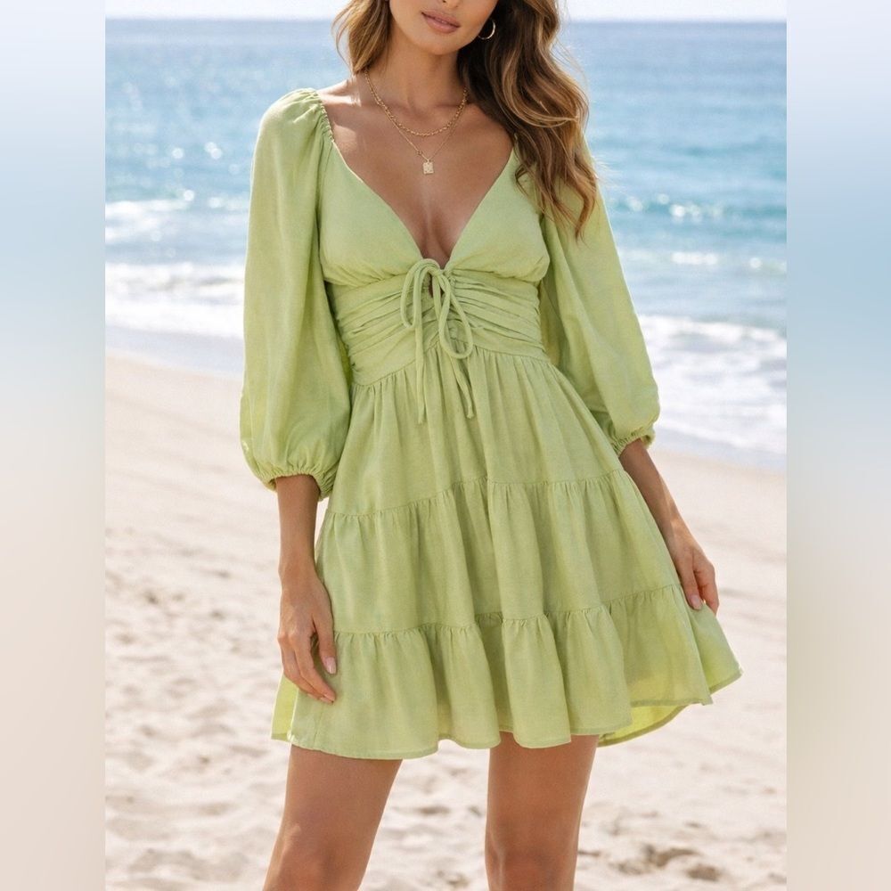 Farm Rio Green Smocked Tiered Mini Dress Puff Sleeves Tie Front Size M
